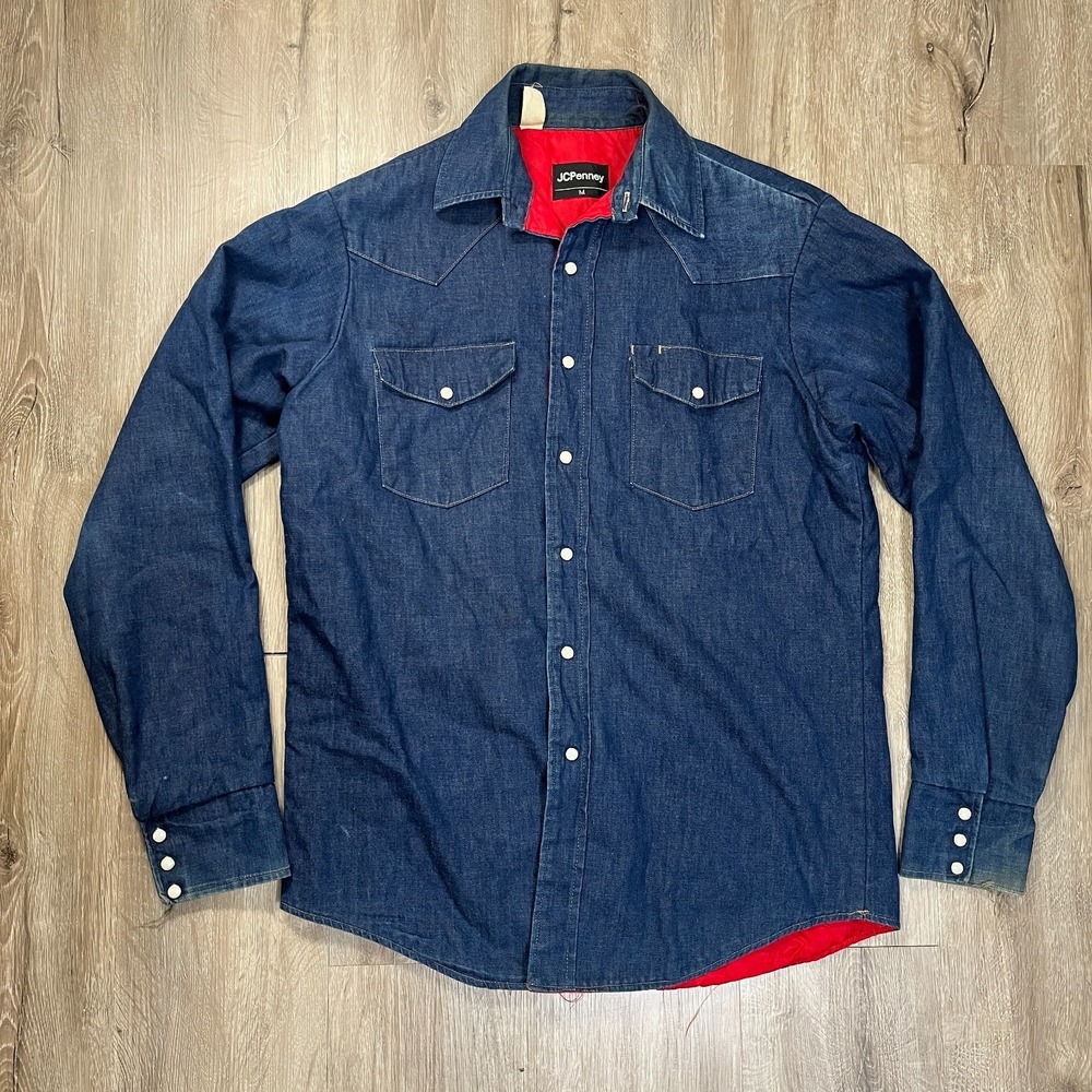 VTG JC Penny Fleece Lined Denim Shirt Jacket Pearl Snap Marbling Mens Medium